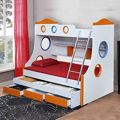Royaloak Remo Double Size Engineered Wood Bunk Bed with Pull Out Storage (MDF - White and Orange) 1