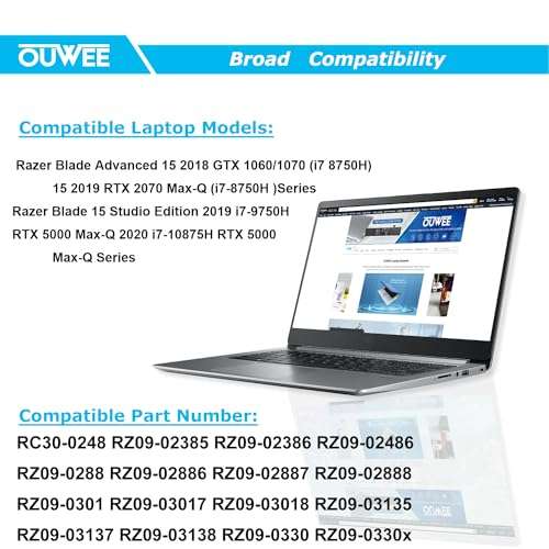 OUWEE RC30-0248 Laptop Battery Compatible with Razer Blade 15 Advanced 2018 2019 RZ09-02385/02386/02486 RZ09-02886/02887/02888 RZ09-03017/03018 RZ09-03135/03137/03138 Series 15.4V 80Wh 5209mAh 5