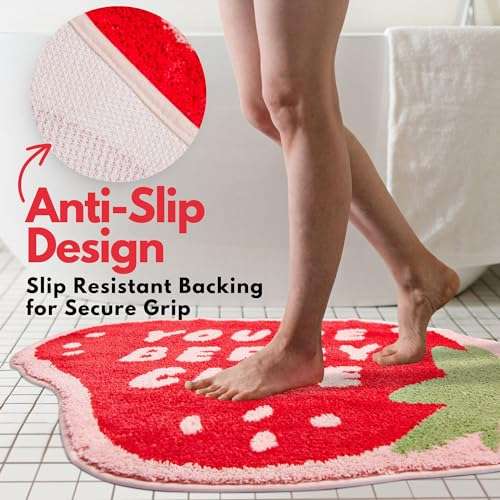 Extra Large Bath Bites Strawberry Bath Mat 35"x41" - You're Berry Cute, Fun Bath Mat, Large Area Rug, Aesthetic Bathroom Rugs for bathroom decor or home decor, cute bathroom mat non slip washable rug 3