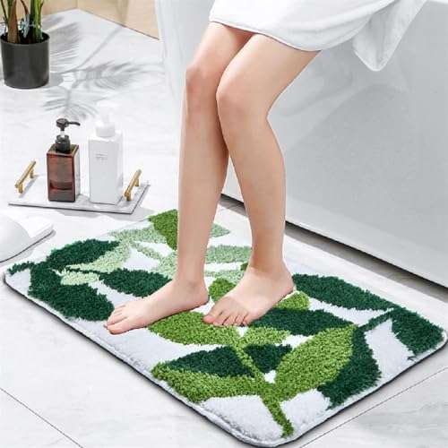 Baahrnom Tufted Bathroom Rugs 32" x 20" Extra Soft Green Bath Mat Machine Washable Cute Leaf Rug Non Slip Durable for Kitchen Bedroom Toilet 1