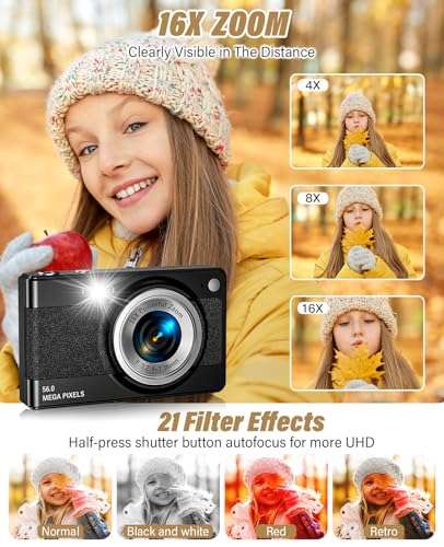 2025 New Digital Camera, 56MP FHD 1080P for Kids with 16x Digital Zoom Anti Shake, Face Detect, Smile Capture, 32GB TF Card, Battery, Lanyard, a Great Gift for Boys & Girls（Black） 4