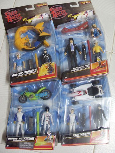 Hot Wheels Speed Racer Action Figure 2 Packs: Rollin Thunder, Battle Board, Rockin Rocketbike, Kart Cannon - Includes Speed Racer, Pops, Spridle, Chim