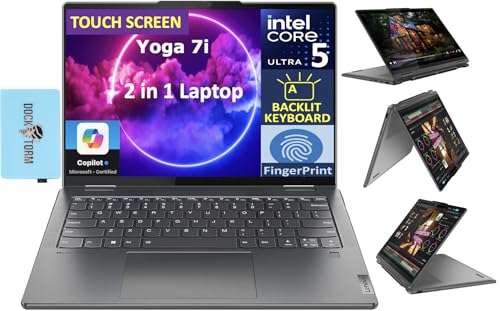 Lenovo Yoga 7i AI PC 2-in-1 Laptop 14.0" Touchscreen IPS WUXGA (Intel Ultra 5-125U, 16GB LPDDR5X, 512GB SSD, Backlit KYB, FP Reader, 2 Thunderbolt 4, AI Copilot, Win11Home) w/DKZ USB Port Expander 1