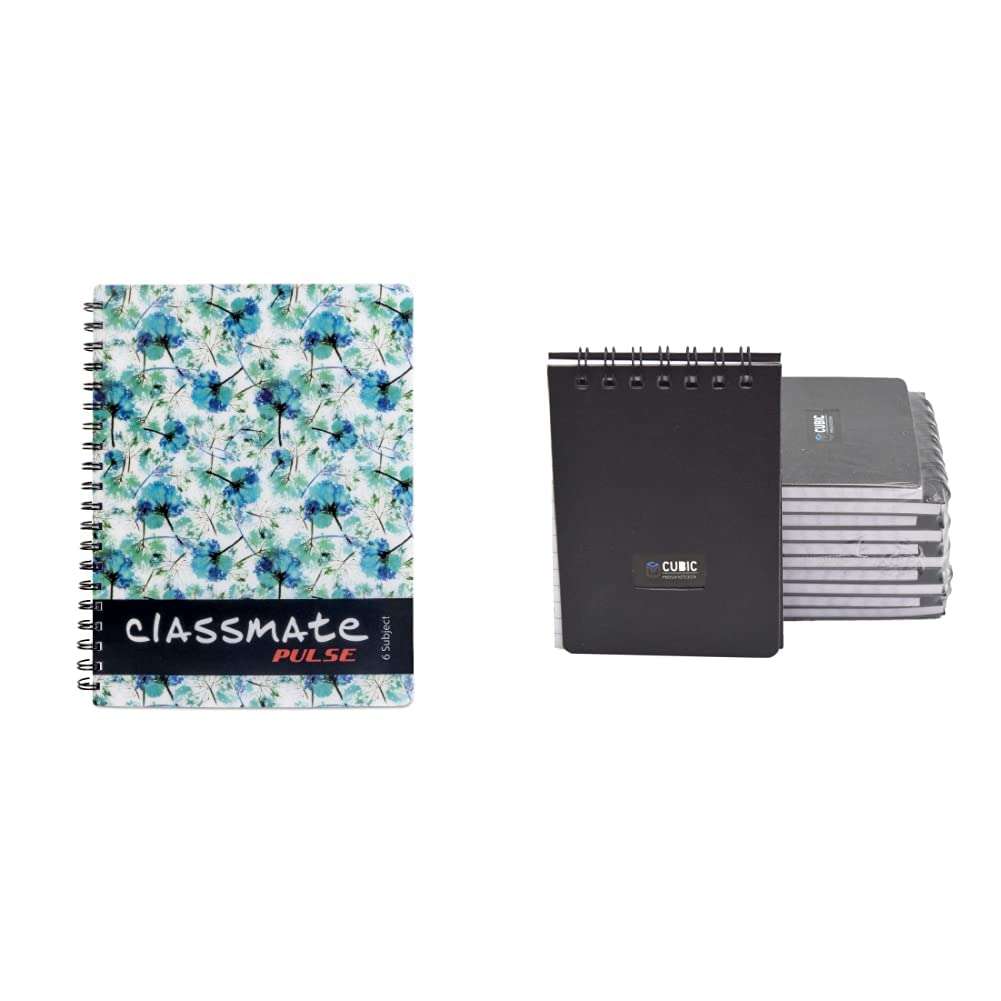 Classmate 2100117 Soft Cover 6 Subject Spiral Binding Notebook, Single Line, 300 Pages & Cubic A7 Size Wiro Pocket Notebook, Pack Of 10 (Black) 1