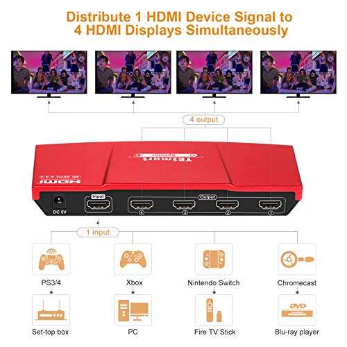 TESmart HDMI Splitter 1x4, 1 in 4 Out UHD 4K@60Hz 4:4:4 Supports HDCP, 18 Gbps, HDR, Dolby Vision, with Smart EDID Managerment for Different Resolution Monitors 3
