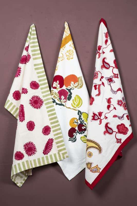 CONTRAST LIVING Puja Hand Block Printed Kitchen Towel/Dish Towel/Hand Towel Multi Color Set of 3 Pcs 1