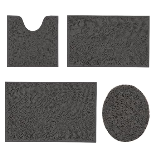 UHOUSEST Bathroom Rugs Sets 4 Pieces,Chenille Bath Mats for Bathroom,Super Absorbent Soft Washable Bathroom Carpets,Non Slip Contour Mat Toilet Lid Cover and Bath Rug Mats Shower Mats,Dark Gray