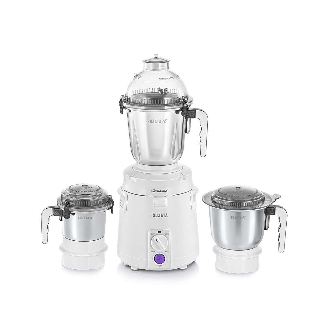 Sujata Dynamix Mixer Grinder|900 Watts Double Ball Bearing Motor|22000 RPM|Non-Stop 90 Mins Running|3 Food Grade Steel Jars - 1500ml Multipurpose, 1000ml Grinder, 500ml Chutney Jar|Black 1