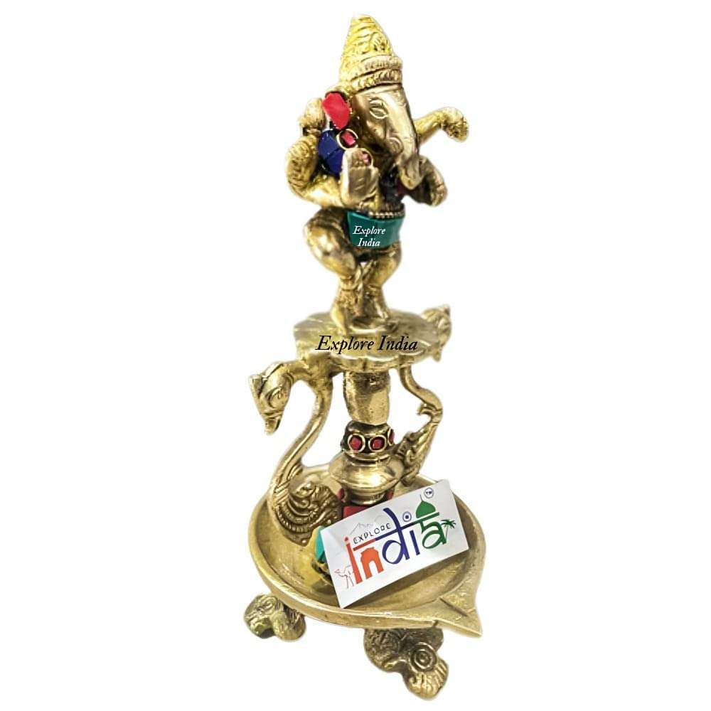 EXPLORE India Brass Dancing Ganesh Diya Stand | Lord Ganesh Statue | Multicolor Stone Work Decorated Ganesh Deepam | L?W?H - 3.5?4?8 in inches, Wt. - 870 GMS 3