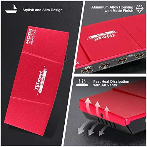 TESmart HDMI Splitter 1x4, 1 in 4 Out UHD 4K@60Hz 4:4:4 Supports HDCP, 18 Gbps, HDR, Dolby Vision, with Smart EDID Managerment for Different Resolution Monitors 2