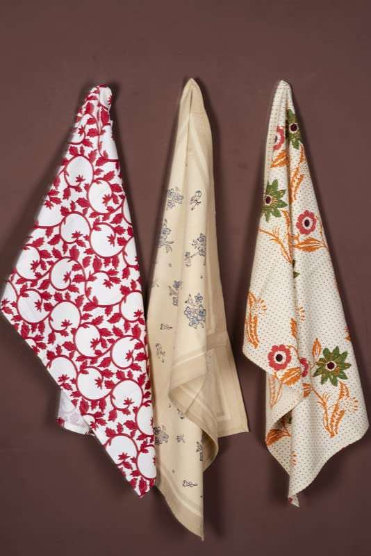 CONTRAST LIVING Parwoti Hand Block Printed Kitchen Towel/Dish Towel/Hand Towel Multi Color Set of 3 Pcs 1