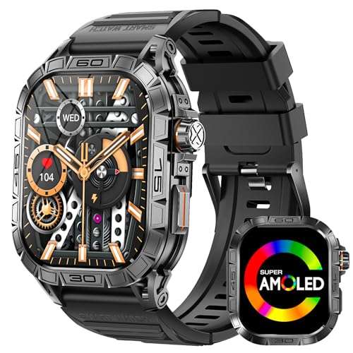 Military Smart Watch for Men with Compass(Answer/Dial Call) 1.96" AMOLED Always On Display Rugged Outdoor Tactical Smartwatch with Heart Rate Blood Pressure Sleep Monitor Fitness Watch for Android iOS