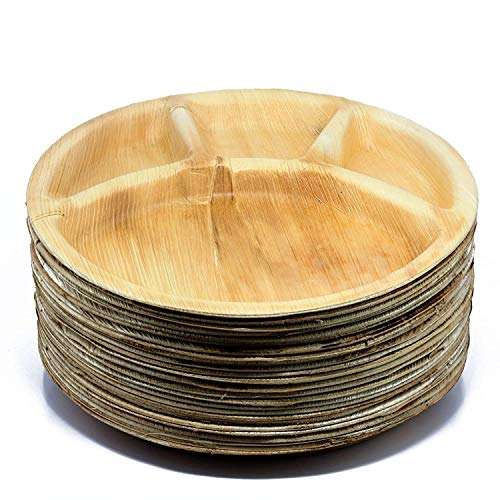 TSP Areca Palm Leaf 12 inch Round Brown Disposable Plate with 4 deep Compartment for Party and Function (Pack of 50)