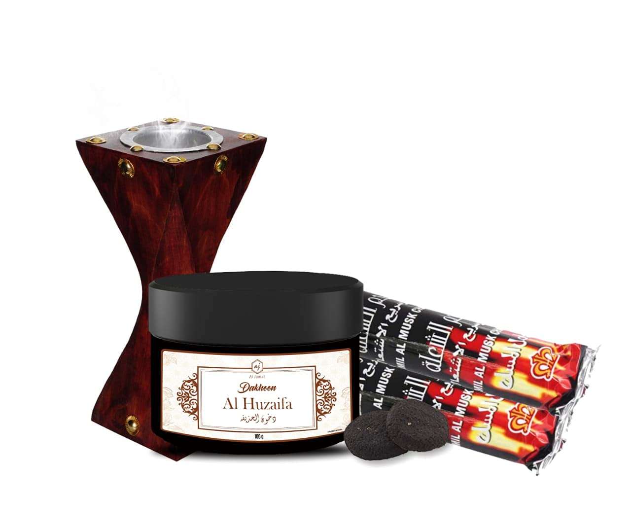 AL MASNOON BAKHOOR KIT / 1 Box Bakhur Al Huzaifa / 1 Pc Wooden Incense Burner / 2 Pcs of Charcoal Roll