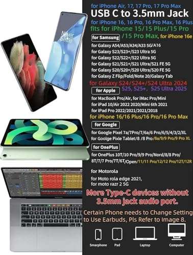 USB C to 3.5mm Aux Cable Type C to 3.5mm Adapter Audio Auxiliary Headphone Jack Adapter for iPhone 15 Pro Max 16 Plus 16e for OnePlus 10T 8T 8 7T 9 10 11 Nord for Samsung S25 S24 S23 S22 S21 Pixel 6 7 2