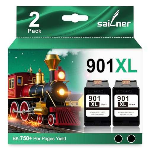 SAILNER 901XL Black Ink Cartridges(2-Pack) Remanufactured Ink for HP 901 901XL Ink Cartridges Work for HP Officejet 4500 J4524 J4540 J4550 J4580 J4624 J4680 Printer Ink 901 XL (High-Yield Black) 1