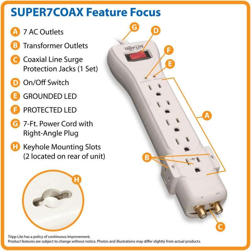 Tripp Lite Protect It! 7-Outlet Surge Protector Coaxial Protection 2160 Joules 2