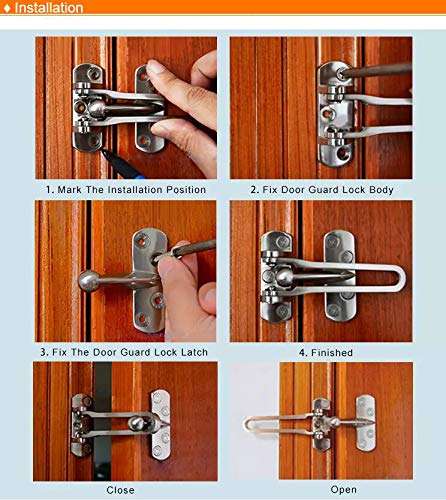 1 Set Practical Stainless Steel Heavy Duty Horizontal Line Swing Bar Lock Add Extra Door Lock Childproof Door Security Latch Guard Clasp Metal Defender Reinforcement Catch for Home Hotel Office 6