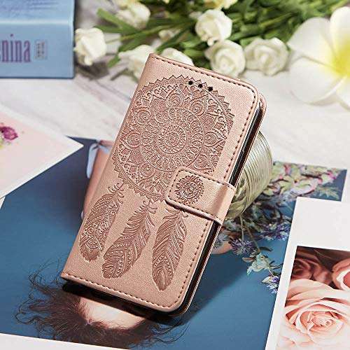 JanCalm Compatible with Samsung A20 Case,Galaxy A20 Case Wallet,Samsung A30 Case, Dream Catcher Pattern PU Leather [Wrist Strap][Card/Cash Slots] Stand Flip Cover for Girls Women (Rose Gold) 5