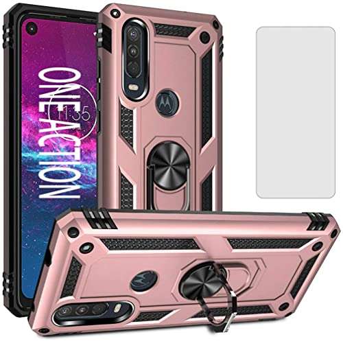 Asuwish Phone Case for Moto One Action with Tempered Glass Screen Protector Cover,Magnetic Ring Holder Stand Kickstand Motorola P40 Power Moto40 40Power 1 Cases Shockproof Women Men Pink Rose Gold 1
