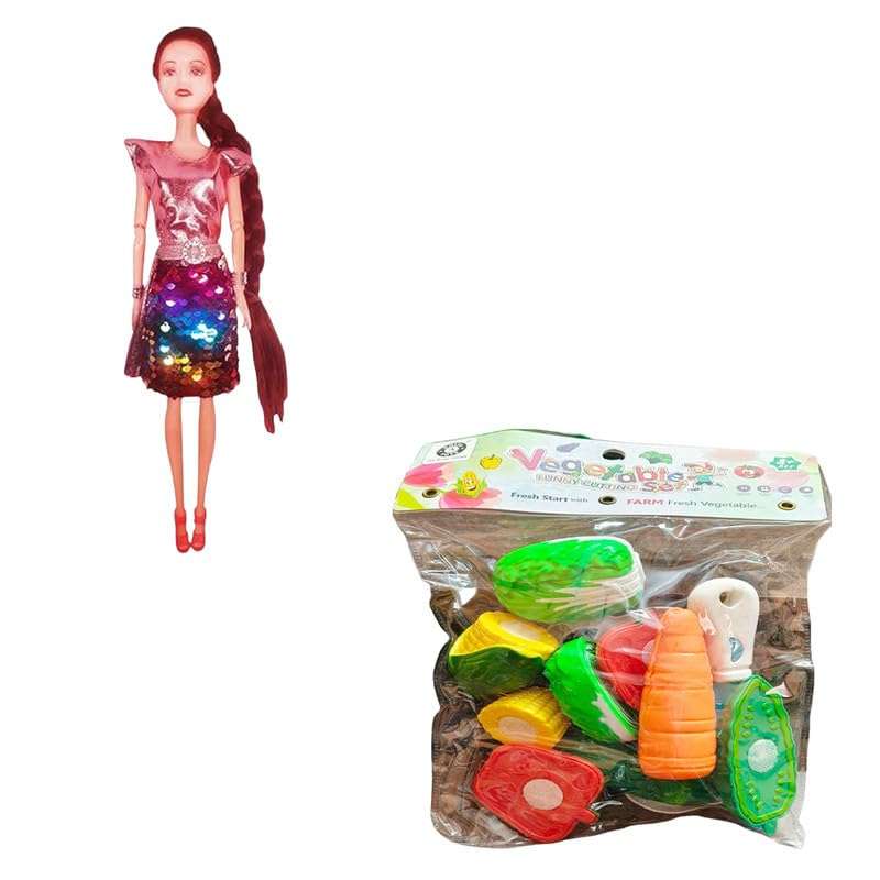 AKTOON TOYS (Combo Pack) Vegetables Cutting Play Toy Set Can Be Sliced in 2 Pieces Rattle & Stylish Long Hair Set Doll and New Angel Doll Set for Kids - Multicolor 1