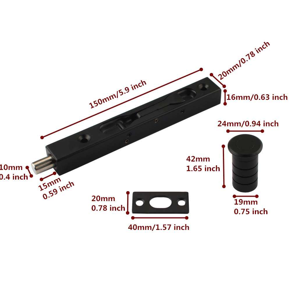 Hidden Latch & Bolt Black 304 Stainless Steel 6 inch(15cm) Security Door Bolt Latch, Spring Dust Plug, Double Door Lever Action Flush Bolt Latch, French Door Slide Bolt Lock, Black Finish(2-Pack) 2