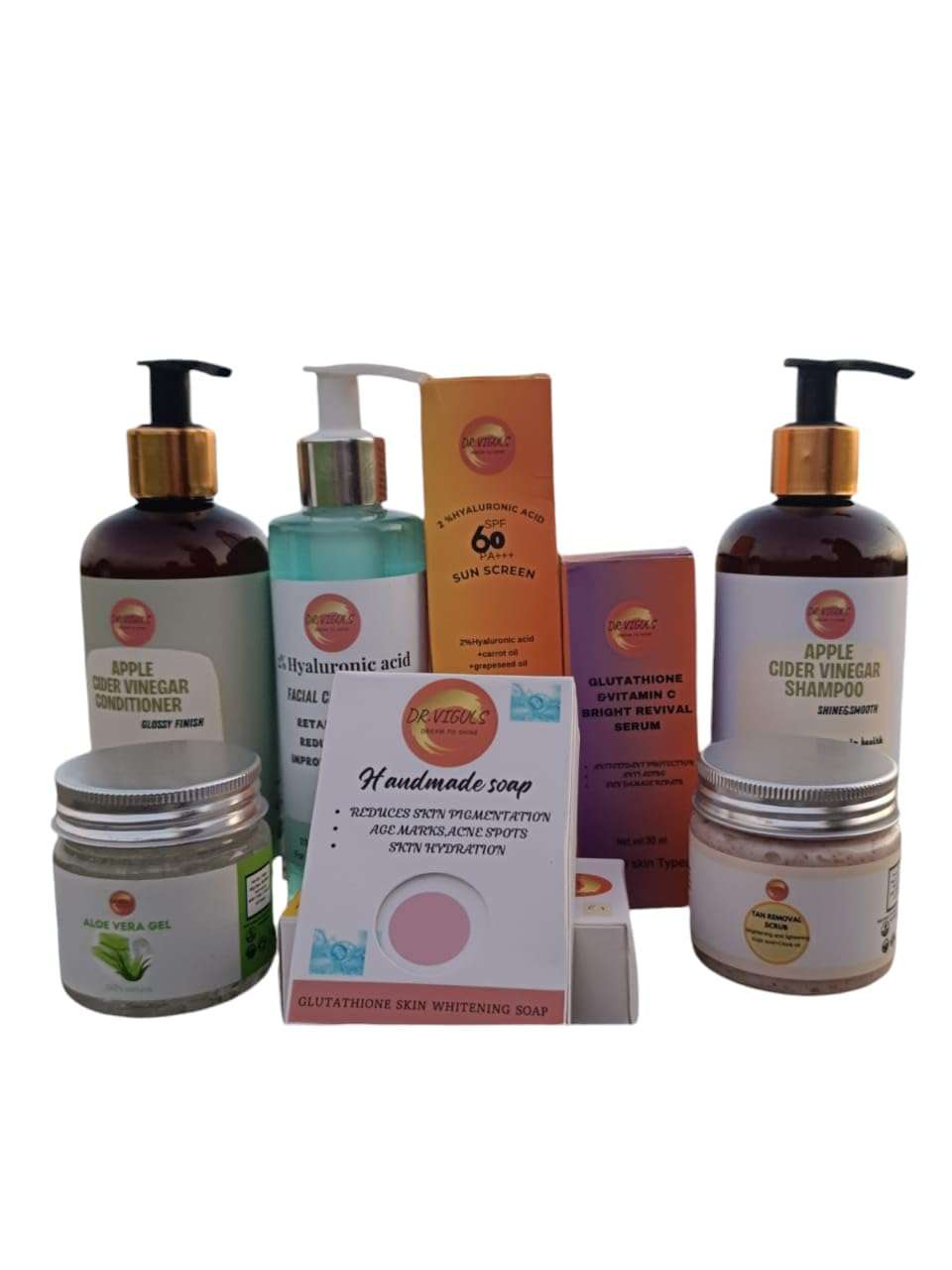 DR.VIGULS| BRIDAL MINI PAMPER KIT| APPLE CIDER VINEGAR 300ML | APPLE CIDER VINEGAR CONDITIONER 300ML| 2% HYALURONIC ACID FACE CLENANSER 200ML | ALOEVERA GEL 100GM | TAN REMOVAL SCRUB|GLUTATHIONE AND VIT-C BRIGHTING SERUM | HYALURONIC ACID SPF 60 PA+++ SUNSCREEN GLUTATHIONE SKIN WHITENING SOAP | 1