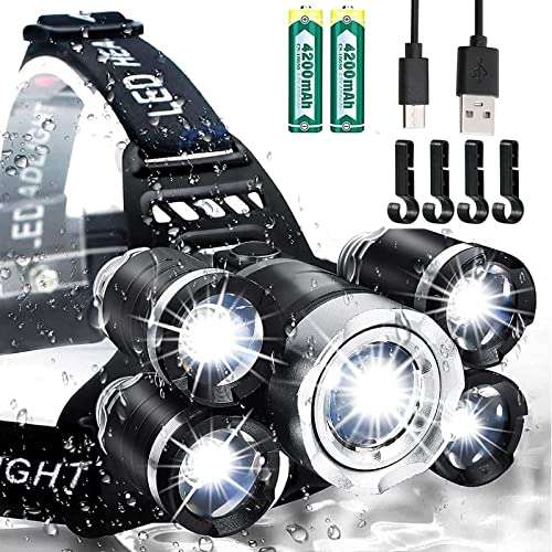 JIMEJV USB Rechargeable Headlamp 12000 Lumen Ultra Bright LED Work Headlight, 4 Modes Waterproof Head Lamp Best Headlamps for Adults, Camping, Outdoors & Hard Hat Work Zoomable Headlight (Sliver) 1