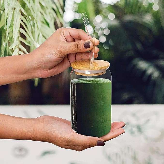 Dakshayanii Drinking Glasses with Bamboo Lids and Glass Straw, Can Shaped Glass Cups Juice Glasses Ice Coffee Glasses Cute Tumbler Cup - 500ml, (Set of 6) 6