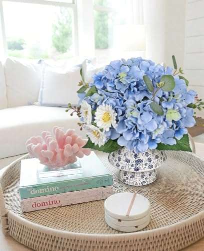 Fake Flowers Artificial Hydrangea Flowers in Rustic Galvanized Metal Pot Shabby Chic Rose Flower Arrangement Faux Flower Bouquet for Farmhouse Table Centerpiece Windowsill Indoor Decoration 5