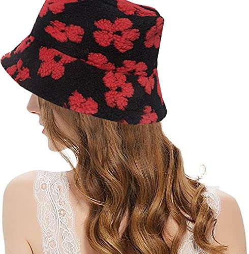 JELLYEA Winter Plush Bucket Hat Flower Pattern Casual Warm Faux Fur Fisherman Cap for Women (Red), One Size 5