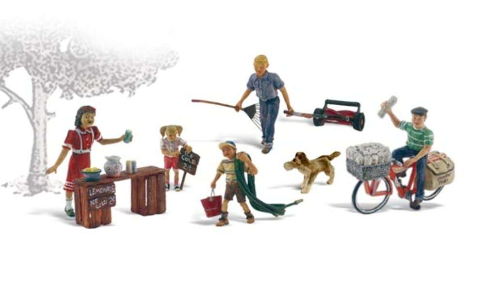 Summertime Jobs (Paperboy, Lawn Boy, Lemonade Stand w/3 Figures & Dog) HO Scale Woodland Scenics 1