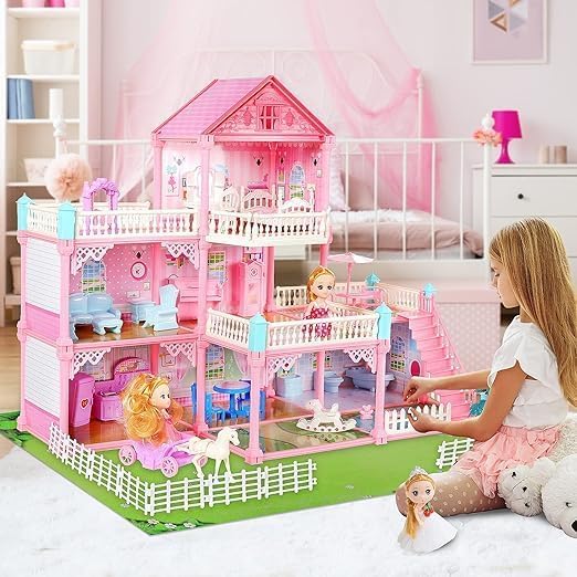 Pihura Dollhouse Building Toys, Playset with LED Lights, Movable Slides, Stairs, Furniture, Accessories, Dolls and Pets, Cottage Pretend Play House, DIY Creative Gift for Girls Toddlers (Medium)