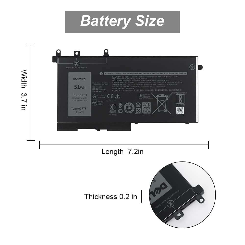 INDMIRD 93FTF Laptop Battery for Dell Latitude 5280 5480 5580 5290 5490 5590 Series Replacement D4CMT 4YFVG 83XPC 083XPC 11.4V 51Wh New 5