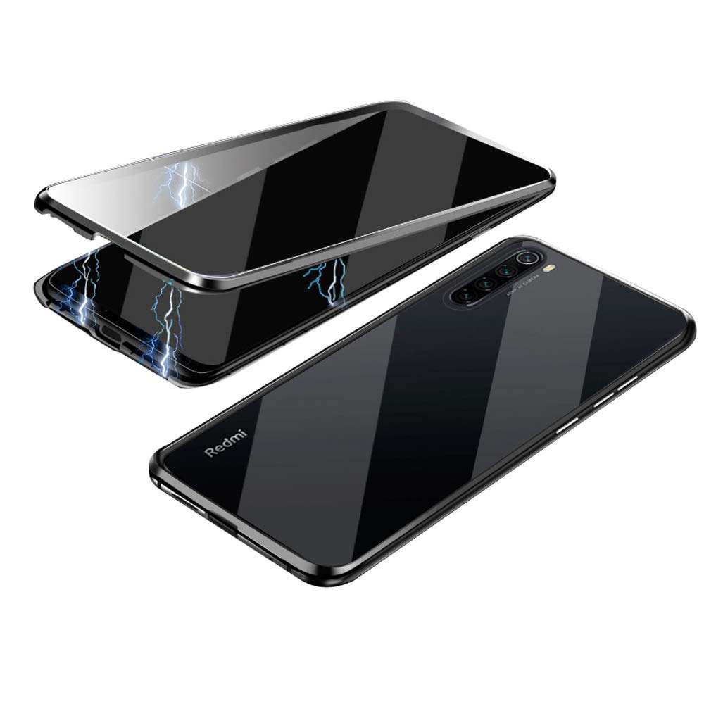 Compatible with Xiaomi Redmi Note 8T (6.3 inch) Case, Jonwelsy 360 Degree Front and Back Transparent Tempered Glass Cover, Strong Magnetic Adsorption Technology Metal Bumper for Redmi Note 8T (Black) 1