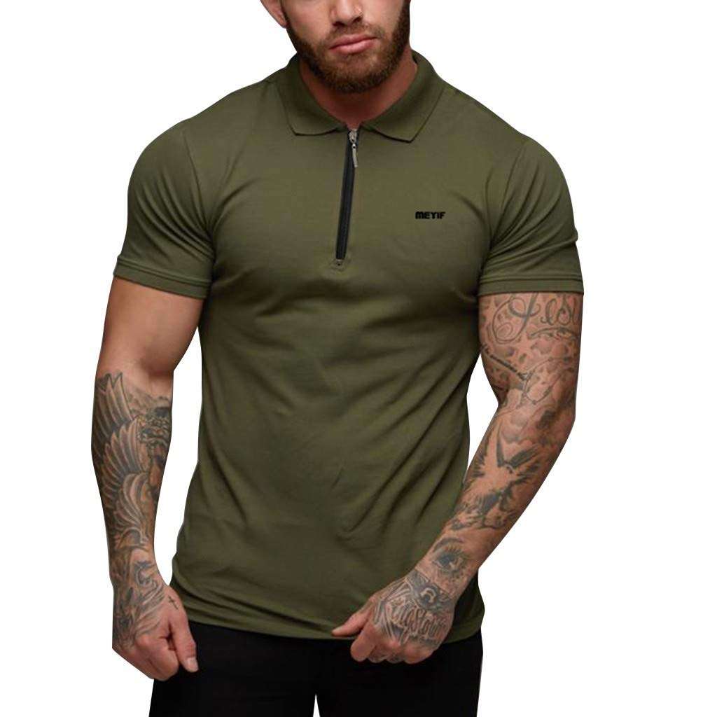 Men Shirts Fashion Short Sleeve Slim Fit Sports Bodybuilding Fitness Muscle Cotton Polo T Shirts Tops (L, Green) 1