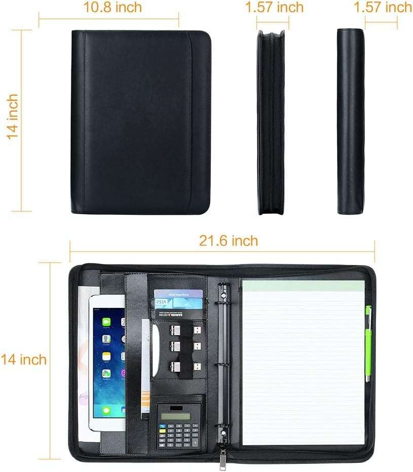 KUSCOR Padfolio Portfolio with 10.1 inch Tablet Sleeve, Professional Interview and 3 Ring Business PU Leather Folder, Zippered Closure, Writing Pad, Calculator, Card Holder, Black 3