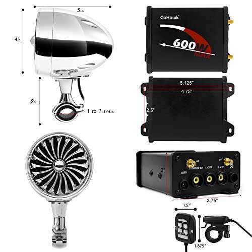 GoHawk TJ4 2.1 Channel Amplifier 4" Full Range Waterproof Bluetooth Motorcycle Stereo Speakers Audio System AUX FM Radio for 1 to 1-1/4 in. Handlebar Harley Can-Am ATV UTV RZR Polaris 5