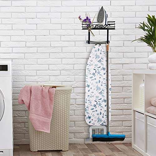TJ.MOREE Ironing Board Hanger Wall Mount- Laundry Room Decor- Iron and Ironing Board Holder, Laundry Room Organization and Storage with Large Storage Dark Gray Wooden Base Basket and Removable Hooks 2