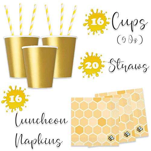 Winnie The Pooh Birthday Party Pack for Up to 16 Guests With Plates, Napkins, Cups, Yellow Straws and Pin by Another Dream 2