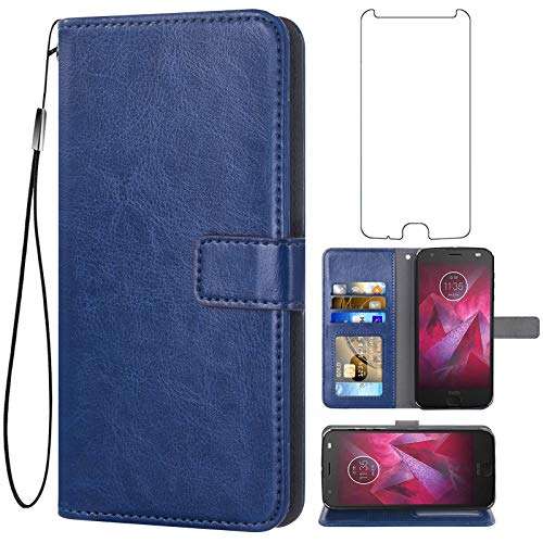 Asuwish Compatible with Moto Z2 Play Wallet Case Tempered Glass Screen Protector and Leather Flip Cover Card Holder Stand Phone Cases for Motorola MotoZ2Play Droid MotoZ2 2Play Z 2 2Z Z2play Blue