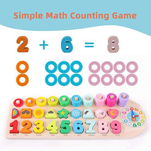 QZMTOY Preschool Educational Learning Montessori Toys for Kids, Toddler Puzzles Number Shape Sorter Counting Stacker with Clock Weather, Boys Girls Activities Math Game Gift for Age 3 4 5 Years 3