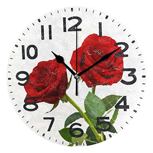 Naanle 3D Beautiful Couple Red Rose Flower Round Wall Clock, 9.5 Inch Battery Operated Quartz Analog Quiet Desk Clock for Home,Office,School 1