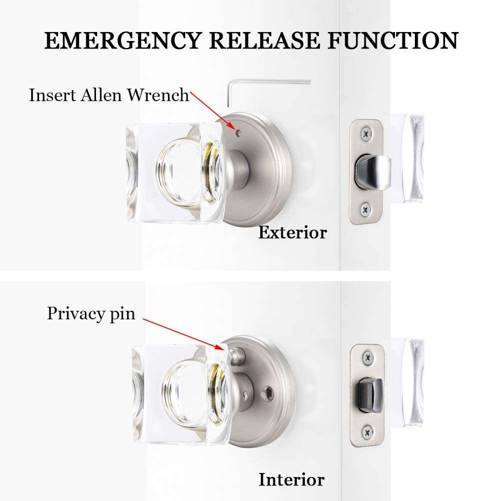 CLCTK Privacy Crystal Door Knobs Interior with Lock, Square Glass Door Knobs Interior for Bed/Bathroom, Satin Nickel, XHN-002 3