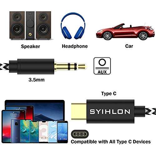 SYIHLON USB C to 3.5mm Aux Cable, Braided Type C to 3.5mm Audio Cable Car Aux Cord for Google Pixel 2 3 4XL, iPad Pro 2018, OnePlus 6T/7/7 Pro, Galaxy Note 10/10+ S20+, Moto Z, HTC and More (3.3Ft) 3