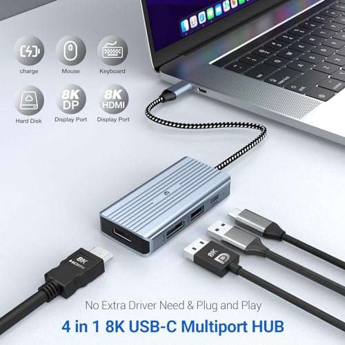 USB C Hub, oditton 4 in 1 USB C Hub, Dual Display 8K@30Hz HDMI 8K@30Hz DP, USB 3.0, 100W USB-C PD, 4 Port Dock Station for Laptop, Projector, and More Type C Devices 3