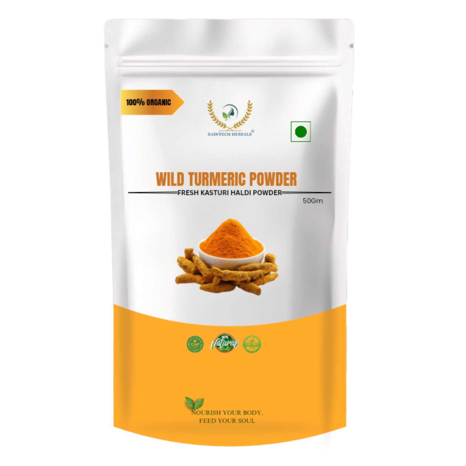 RAINTECH HERBALS Wild Turmeric Powder (Kasthuri Manjal) for Glowing Skin – 50g |Curcuma Aromatica | Natural Face Pack for Tan Removal, Pimples & Pigmentation