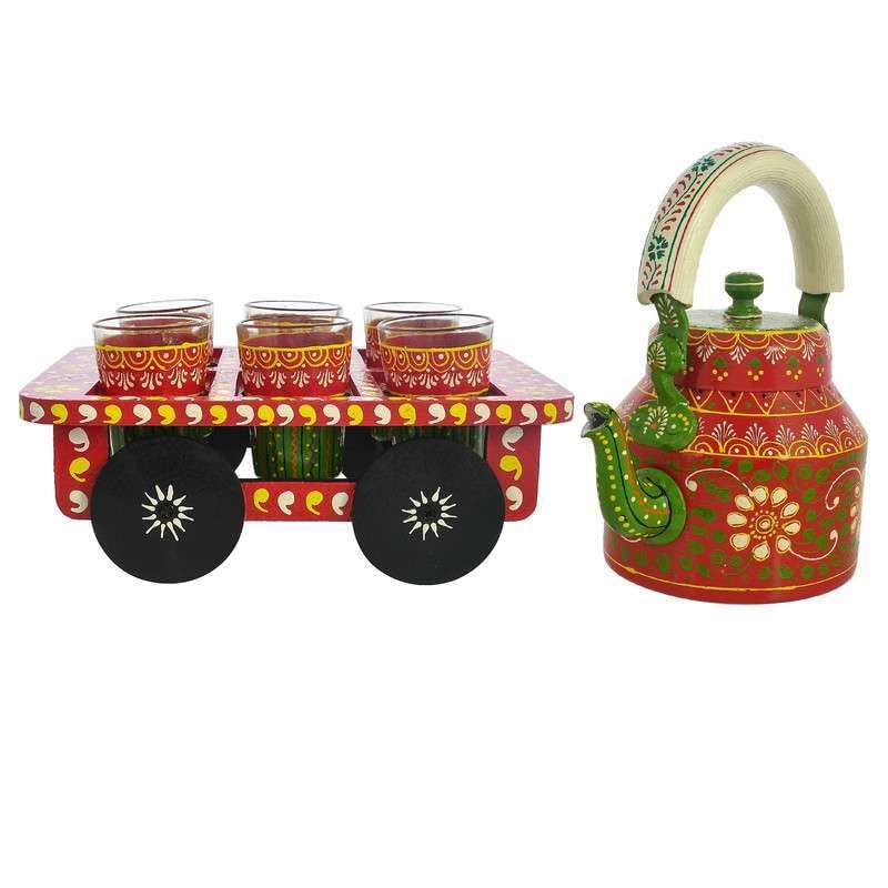 Enchanter vision HandPainted Alluminium Tea Kettle with 6 Glasses and Wooden Tray For Home Dcor Tea Party Serving-01 5