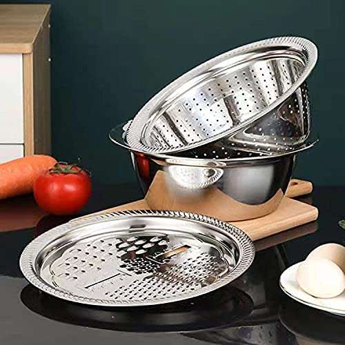 JANCOM 3 in 1 Kitchen Multipurpose Kitchen Stainless Steel Bowl, Drain Basket, Julienne Graters for Vegetable Cutter,Vegetable/Fruit Grater Kitchen Mesh Strainers(Set of 1, 26CM) 1