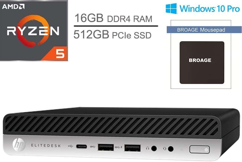 HP EliteDesk 705 G4 Business Mini Desktop Computer, AMD Quad-Core Ryzen 5 Pro 2400GE up to 3.8GHz (Beats I7-7500U), 16GB DDR4 RAM, 512GB PCIe SSD, 802.11ac WiFi, Windows 10 Pro, BROAGE Mouse Pad 2